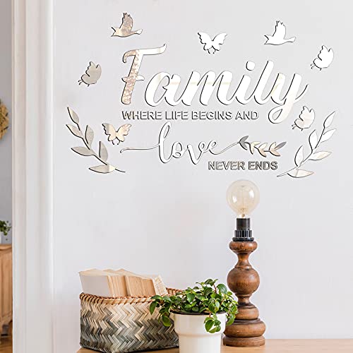 Zonon Mirror Family Wall Letter Quotes Decor 3D Acrylic Wall Decal Stickers DIY Removable Art Decals Motivational Butterfly Mural Stickers for Home Decor(Silver)