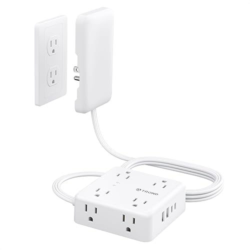 Miniatura 7 de TROND Cable de extensión plano de 5 pies con 2 USB C, tira de alimentación de enchufe plano ultrafina, 8 tomas anchas y 4 puertos USB, protector de