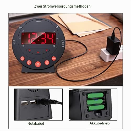 Vibrationswecker mit Bettrüttler, 113 db lauter Wecker für Schwerstschläfer Gehörlose Hörgeschädigte, Digitaluhr mit rotem Alarmlicht, große LED-Anzeige, für Erwachsene