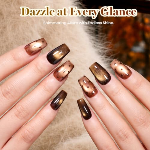 Image of Beetles Cat Eye Gel Nail Polish Set - Gilded Street Fall 6 Colors Glitter Gel Polish Kit Brown Red Gold Green 3D Shimmer Effect Soak Off UV DIY Salon Nail Art Fall Manicure Gift for Women