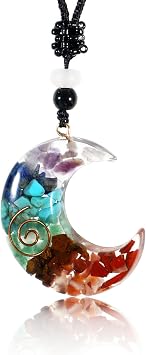 Moon Shape 7 Chakra Necklace, Orgone Necklace, Healing Crystal Real Stones Pendant for Protection Spiritual Energy Meditation, Stress Relief, for Beginners Chakra Jewelry Gift