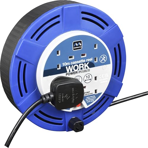 Masterplug Four Socket 10 Metre Cassette Reel Medium Extension Lead Cable Reel Wind-Up Retractable Power Cord Reel Thermal Cut Out Work Power Blue/Black 10A 4G 10m MCT1010/4BL