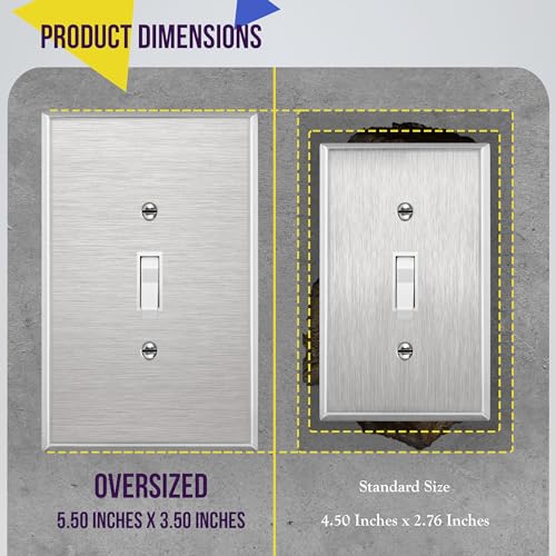 Image of ENERLITES Toggle Light Switch Metal Wall Plate, Corrosion Resistant, Over Size 1-Gang 5.5 inch x 3.5 inch, 7711O, 430 Stainless Steel, UL Listed, Silver | Oversized 5.5 inch x 3.5 inch covers old paint lines; Rust-proof; UL Listed; Durable; 7711O