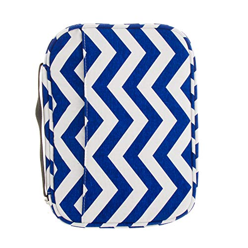 Good Ruby Premium Canvas Compact Bible Cover with Carrying Handle, Book Protector with Pockets Colorful Chevron Bible Case with Zipper and Pen Holder for Women, Girls, Ladies (Navy Chevron)