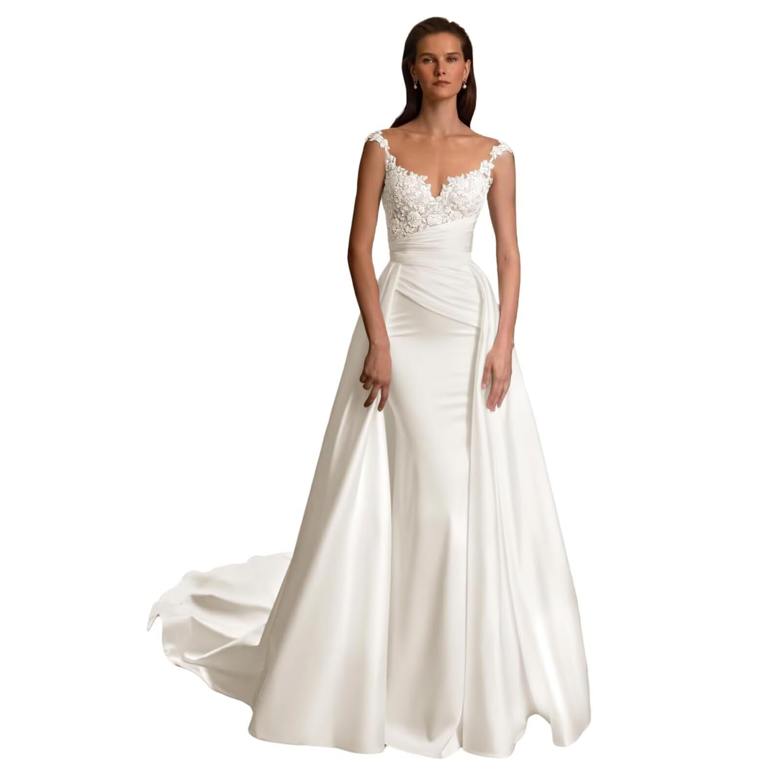 Vestido de Novia de Encaje con Hombros Descubiertos Vestido de Novia Estilo Boho Corte en A Vestido de Novia de satén Corte en A sin Tirantes MT078