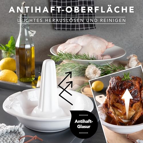 Römertopf Hähnchenbräter CHICO – Hähnchenhalter mit Aromabehälter aus Naturton – 25 cm – für Hähnchen & Ente bis 2 kg – Hähnchen Grill Halter für Backofen & Grill