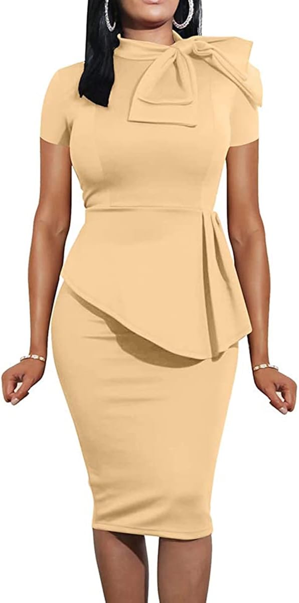 Women's Fashion Peplum Bodycon Short Sleeve Work Dresses Bow Club Ruffle Pencil Formal Cocktail Dress Medium 5349 Khaki