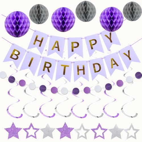 Image of ZHENGYE Purple Birthday Party Decorations Set Happy Birthday Banner Hanging Swirls Circle Dot Garland with 6 Honeycomb Balls Birthday Party Decoration Supplies