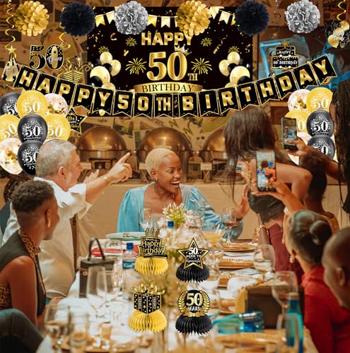 Image of Pre-Strung 50th Birthday Decorations for Men Women | Pre-Strung Black Gold Happy Birthday Banner with Balloons, Backdrop, Honeycomb Centerpieces, Hanging Swirl Streamers