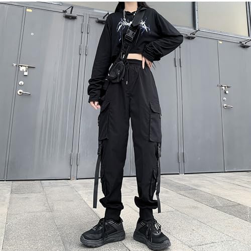 MEINVQIAOTI Street Dance Hip hop Jogger Athletic Black Cargo Pants Paratrooper Tactical techwear high Waisted Cargo Pants4
