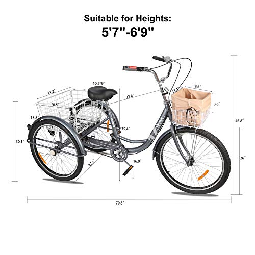 Viribus 24" or 26" Adult Three Wheel Tricycle Single Speed Hybrid Cargo Cruiser Trike Bike with Removable Wheeled Basket Bell for Shopping or Dogs Dustproof Bag Exercise Bicycle