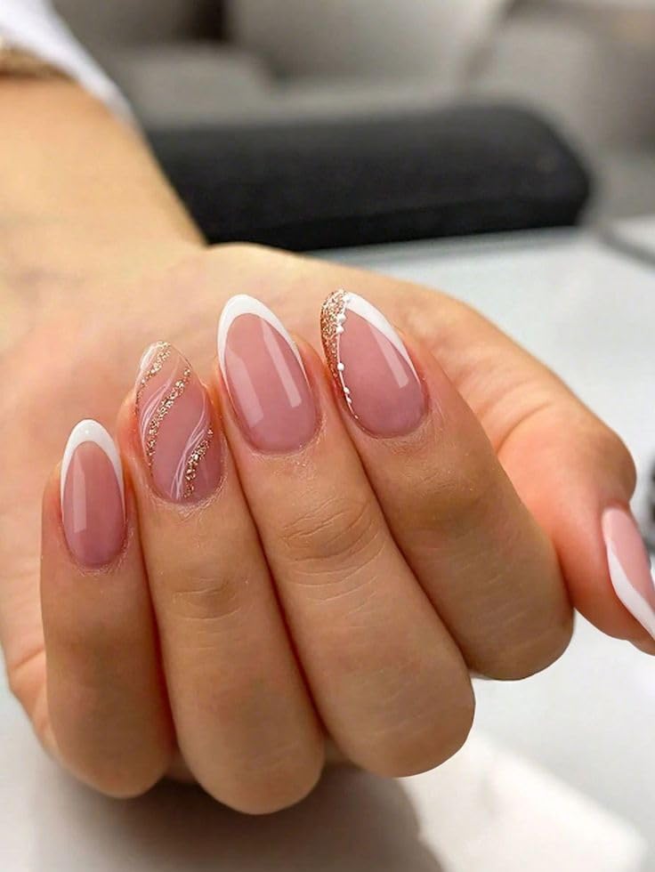 Short Nude Press-On Nails with Glue - 24pcs | Reusable Almond Shape Fake Nails | Salon Look Under $10 | French Tip