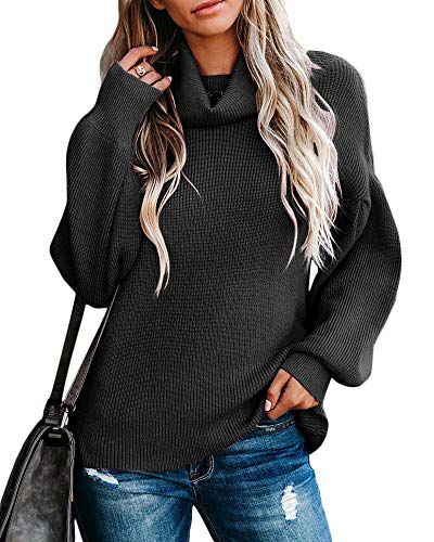 Ybenlow Womens Turtleneck Oversized Sweaters Batwing Long Sleeve Ribbed Knit Loose Pullover Jumper Slouchy Tops Black