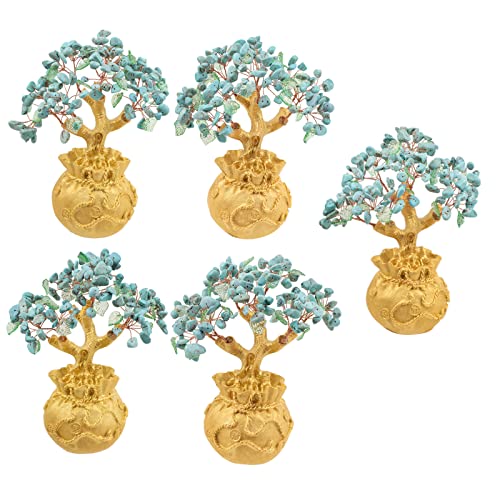Nupuyai Blue Howlite Turquoise Crystal Money Tree with Golden Money Bag Base for Home Office Decor Wealth and Luck Bonsai Tree Fengshui Ornament with Gift Box - Image 3