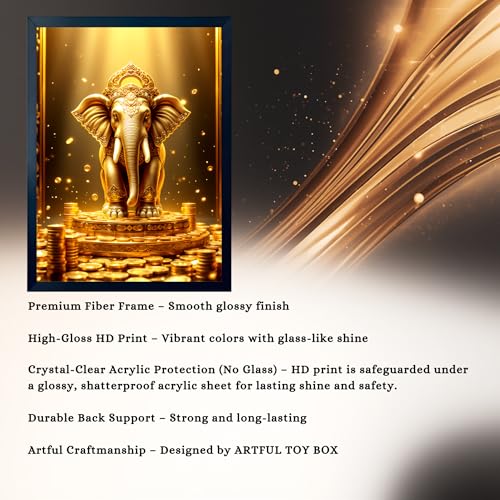 Image of ARTFUL TOY BOX - Golden Elephant Photo Frame Wall Art for Home Decor | Wealth, Power & Good Luck Vastu Feng Shui Wall Decor for Living Room & Office | HD Glossy Print | Premium Fiber Black Frame - 12x18 Inch (30x45 cm) (Design 10)