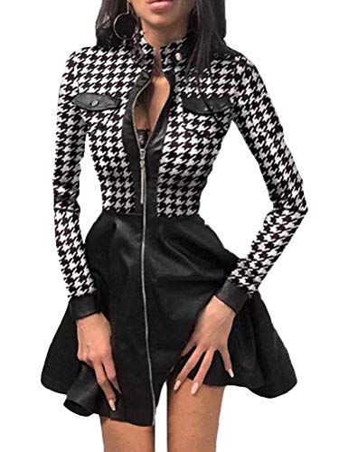 Minetom Lederkleid Damen Sexy Kleid V-Ausschnitt Spitze Faltenrock Reißverschluss A-Linie Langarm Minikleid Cocktail Kleid A Weiß 38