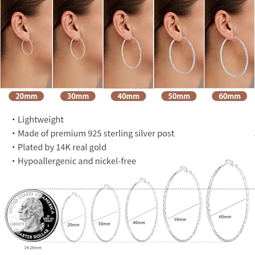 NEVEGE Gold Hoops Earrings for Women, 2mm Wide Lightweight Large Thin Gold Hoop Earrings 14k Gold Plated Hypoallergenic Sterling Silver Hoop Earring for Women 20/30/40/50/60MM 5
