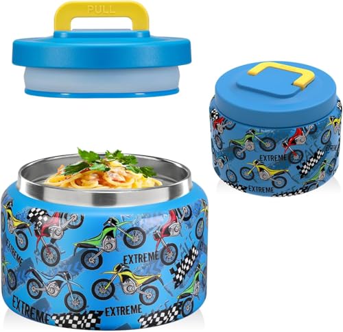 Image of JXXM 8 Oz Thermo Food Jar for Hot & Cold Food for Kids, Insulated Lunch Containers Hot Food Jar,Leak-Proof Vacuum Stainless Steel Wide Mouth Lunch Soup Thermo for School (BLUE-Locomotive)