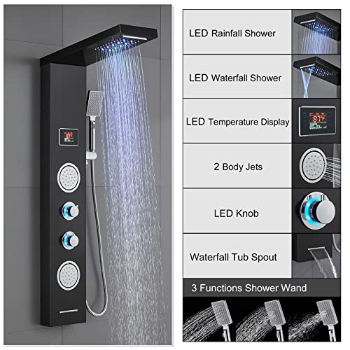 Rovate Shower Panel Tower System With Led Rainfall Waterfall Shower Head, 5-In-1 Led Stainless Steel Shower Panel System With Round Body Jets, Handheld And Tub Spout, Black Finish #TOP1