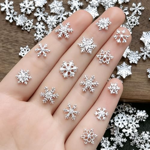 150Pcs Winter Silver Snowflake Nail Charms Christmas Snowflake Nail Rhinestones Mini Flat Back Mixed Sizes Nail Jewelry New Year Xmas Nails Supplies for Women Acrylic Nails DIY Decoration Accessories