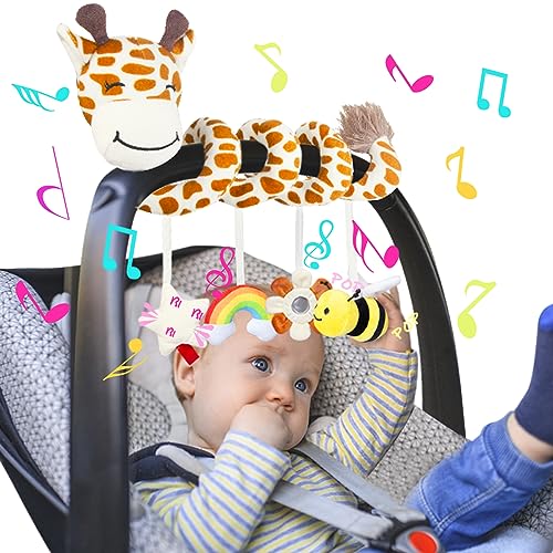 Image of Stuffed Spiral Car Seat Toys, 0-6 Months Giraffe Stroller Activity Baby Infant Carseat Toys Hanging Including Bee Rattles| Flower Mirror| Rainbow Cloud| Star Bibi, Babies Gifts