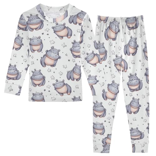 Fustylead Cute Cartoon Hippo Doodle Pajamas Cotton Sleepover PJ Set Long Sleeve Lounge Wear