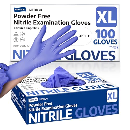 Supmedic Medical Nitrile Exam Gloves, Powder-Free Latex-Free Non-Sterile Food Safe Disposable Glove, Blue Iris 100 pcs (X-Large)