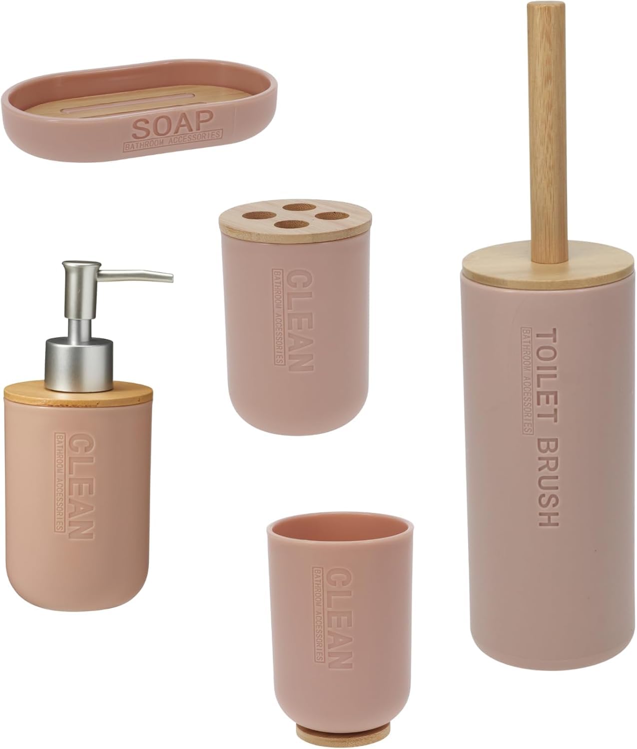 Envenzo 5 Piece Bathroom Accessories Set with Soap Dispenser, Toothbrush Holder, Tumbler, Soap Dish and Toilet Brush Holder, Dusty Pink