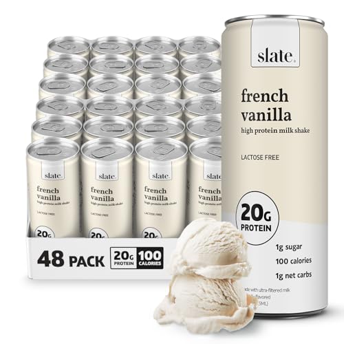 Image of Slate Milk - High Protein Milk Shake - French Vanilla - Lactose Free, 20g Protein, 1g Sugar, 100 Calories, 1g Net Carbs, No Added Sugar - Natural, Breakfast Boost, Post Workout - 11 fl oz, 48 Cans