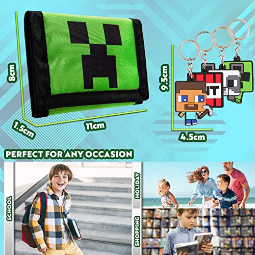 Minecraft Portfel chłopięcy z przegródkami na karty i kieszenią na monety z zamkiem błyskawicznym - breloki Creeper dla dzieci akcesoria dla graczy, zestaw upominkowy - prezenty dla graczy