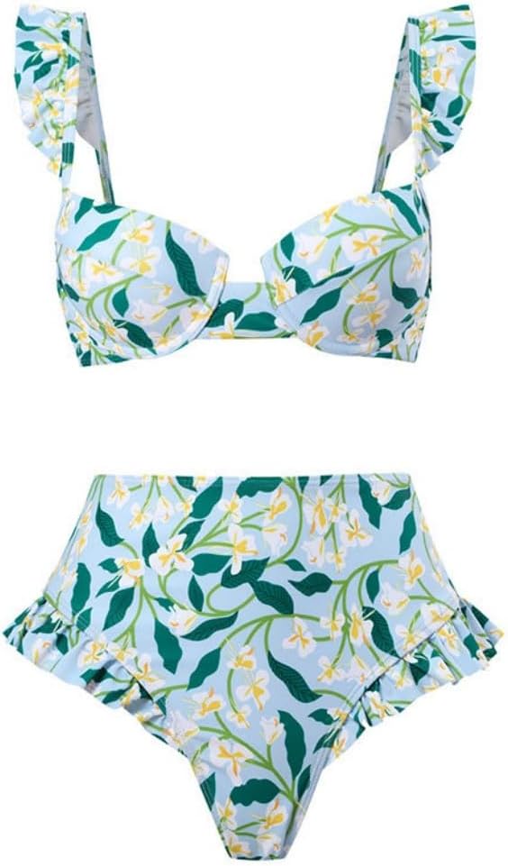 Catalpalev Women's Two Piece Swimsuit Floral Print High-Waisted Slimming Bikini Set Beach Swimwear Bathing Suit