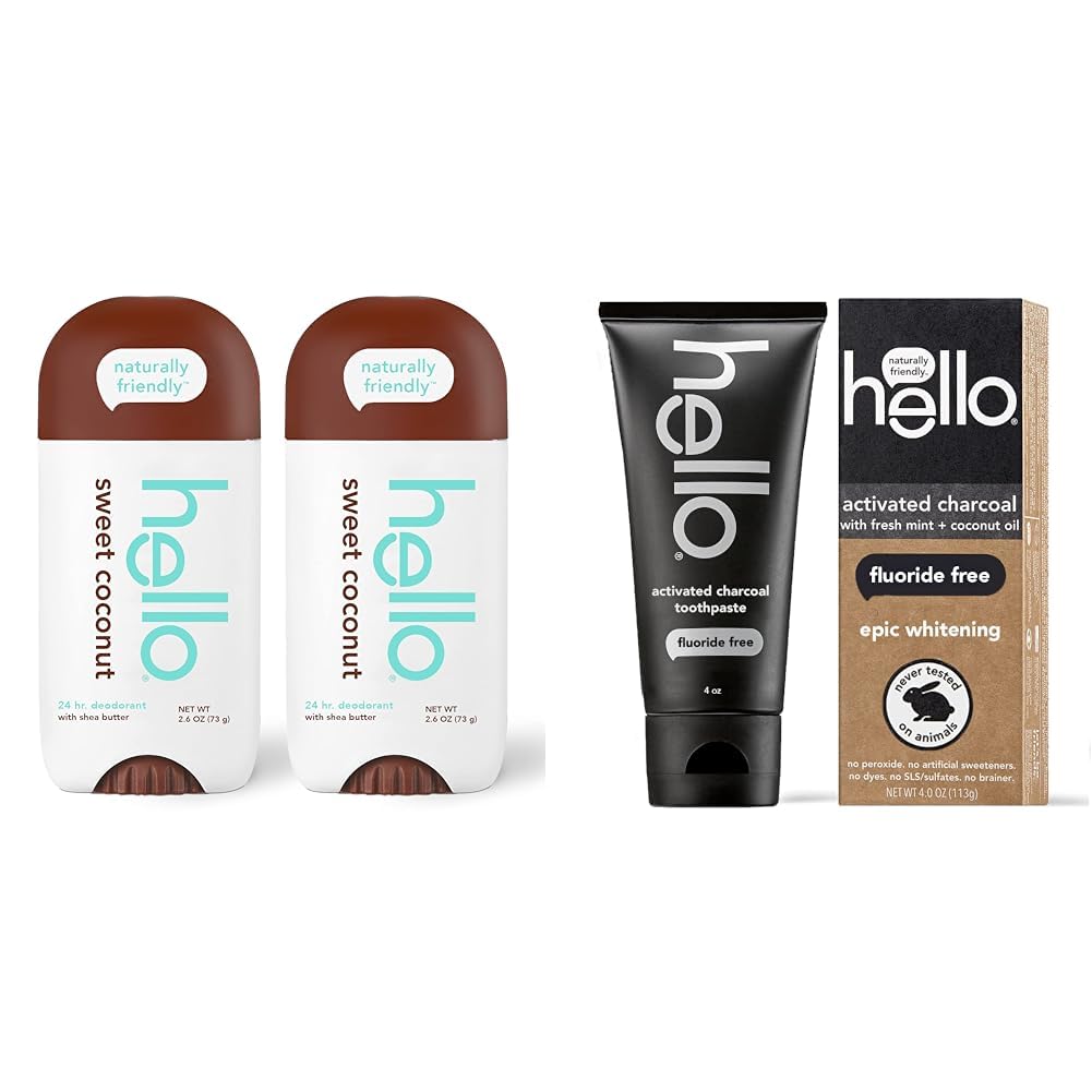 hello Sweet Coconut Deodorant With Shea Butter for Women & Activated Charcoal Epic Whitening Fluoride Free Toothpaste, Fresh Mint + Coconut Oil, Vegan & SLS Free