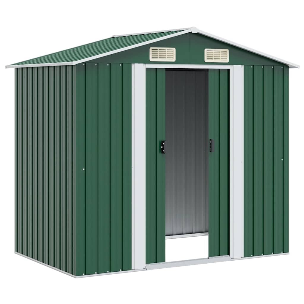 Aufbewahrungsschuppen aus Metall, 204 x 132 x 186 cm, für Garten, Aufbewahrungsschuppen mit 4 Belüftungsöffnungen, Doppelschiebetüren, Konstruktion aus verzinktem Stahl, robust