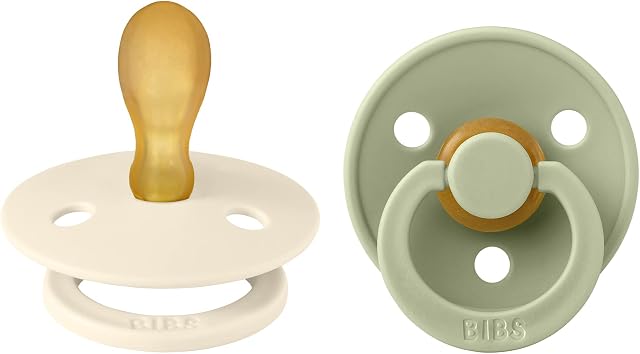 BIBS Colour Symmetrical Soother 2-Pack, BPA Free Dummy Pacifier, Symmetrical Nipple. Natural Rubber Latex, Made in Denmark. 6-18 Months (Pack of 2), Ivory / Sage