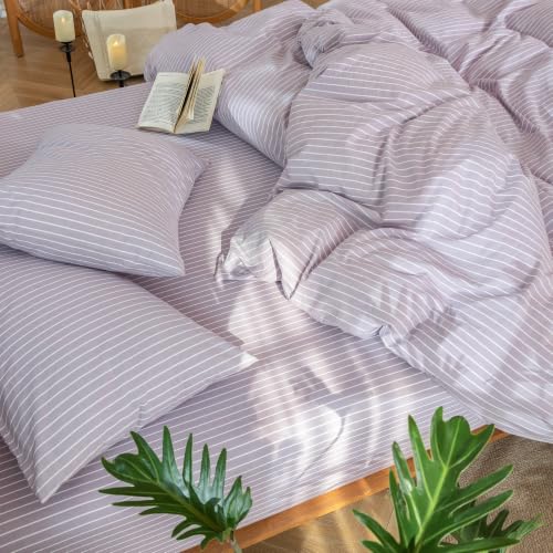 Image of MooMee Striped Duvet Cover Set 100% Washed Cotton Linen Like Queen