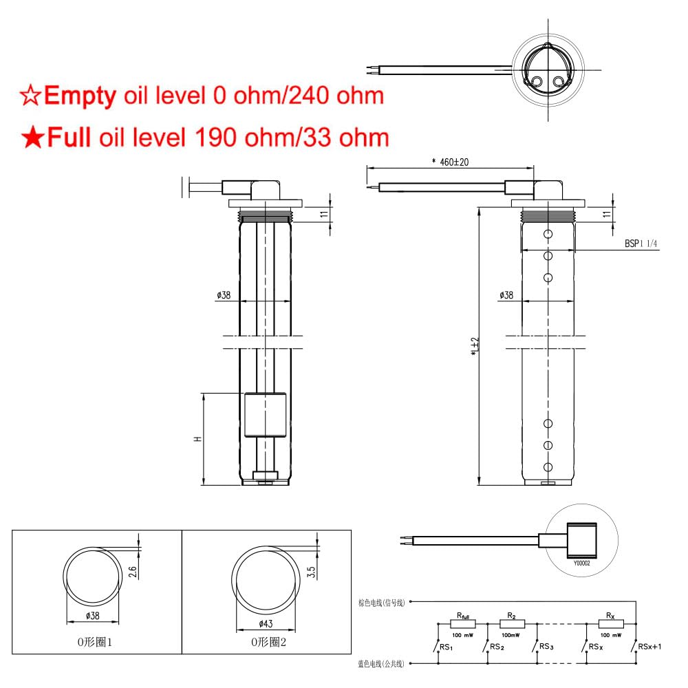 Jauge HTG 52mm + 0-190 Ohm capteur de niveau d'eaux usées unité d'expéditeur d'eau capteur de compteur d'eaux usées adapté for Auto voiture Marine bateau RV(With 200mm sensor)