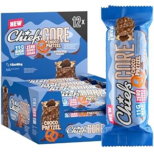 Chiefs Barres protéinées – Délicieuses barres protéinées douces au chocolat – faible on sucre, 13 grammes de protéines, sans huile de palme – Soft Bar Chocolate Pretzel 12 x 40 g