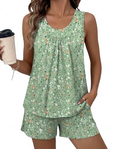 Image of Ekouaer Womens Sleeveless Pajama Sets Summer Tank Tops Pjs 2 Piece Lounge Set Comfy Shorts Sleepwear with Pockets