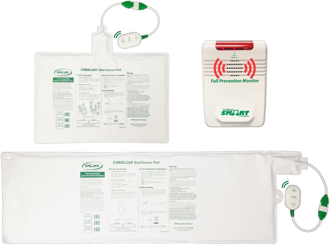 Smart Caregiver Bed & Chair Exit Alert System – Wireless Monitor with Pressure Sensor Pads for Bed and Chair – Automatically Alerts Caregiver When They Get Up – Bed Alarm for Elderly