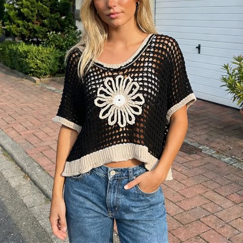 Image of Women Floral Crochet Sweater Short Sleeve Crewneck Hollow Out Lightweight Knit Pullover Tops 2025 Summer Beach Cover Ups