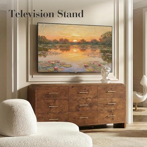 Image of Curved 9-Drawer Dresser for Bedroom, 63 inch Wide Modern Chest of Drawers, Vanity Desk TV Stand for Living Room, Closet Storage Drawers Organizer Furniture, Nursery, Hallway, Dark Burl