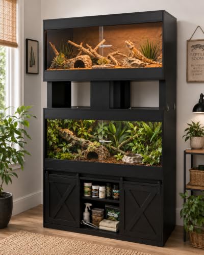 Cushore Double 4x2x2 Reptile Enclosure with Stand Solid Wood 120 Gallon Reptile Terrarium Bearded Dragon Tank Stand with Sliding Door and 2 Cabinets for Snake Lizard Crested Gecko Black