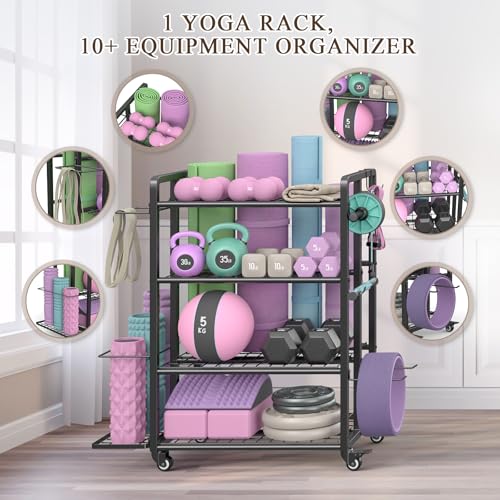 Adjustable Weight Rack for Home Gym Dumbbells, Yoga Mat Storage for Dumbbells Kettlebells Foam Roller, Ab Rollers and Resistance Bands, Large Capacity Gym Equipment Storage Rack with Wheels and Hooks - Thumbnail 2