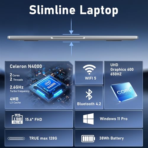 Image of Laptop Computer, 15.6 Inch Lap Top PC 2025, Win 11 Pro, 8GB RAM 256GB SSD, N4000 Processor, FHD Display 1920*1080P, WIFI5, BT4.2, Thin & Light, 5000mAh Battery, HDMI, for Student Office Business