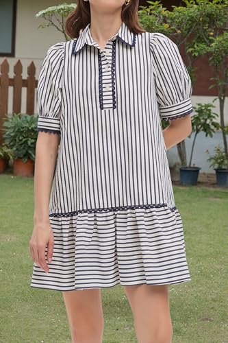 Image of EZAPINE Women Striped Shirt Dress Summer Button Down Collared Short Puff Sleeve Ruffle Hem Casual Flowy Mini Dress