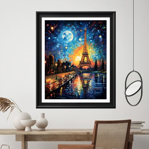 Image of Leczany Cross Stitch Stamped Kit for Adults - Moonlight Tower | DIY Embroidery Starter Patterns Craft Kit Needlepoint for Beginner | 11CT, 3 Strands | 13.4x17.3 inches