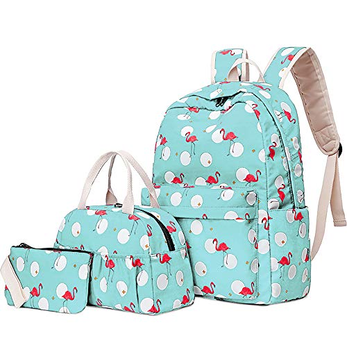 Flamingo Set de Cartable 3 en 1, Junlion Sac en Polyamide Souple Sac à Dos pour Ordinateur Portable Léger et Imperméable Boîte à déjeuner Trousse pour Les élèves Travailleur de Bureau Vert Clair