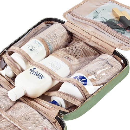 Image of NISHEL Large Double Layer Travel Makeup Bag Women, Cosmetic Case, Organizer for Travel-Size Accessories Bottles, Brushes, Conditioner, and Skin Care Products, Bronze Green