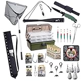 Zite Fishing XXL Angelkoffer Set befüllt | Angelwerkzeug & Angelzubehör | gummierter Angelkescher 160cm | Posen, Bleie, Haken & Mehr