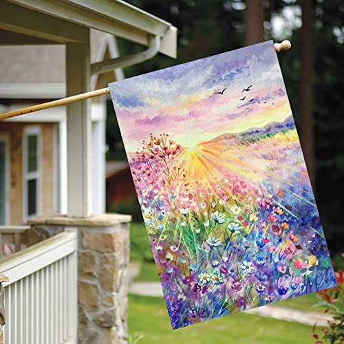 Shinesnow Watercolor Flowers Sunrise Blossoming Meadow Spring Field Landscape House Flag 28" X 40" Double Sided Polyester Welcome Large Yard Garden Flag Banners For Patio Lawn Home Outdoor Decor #TOP26